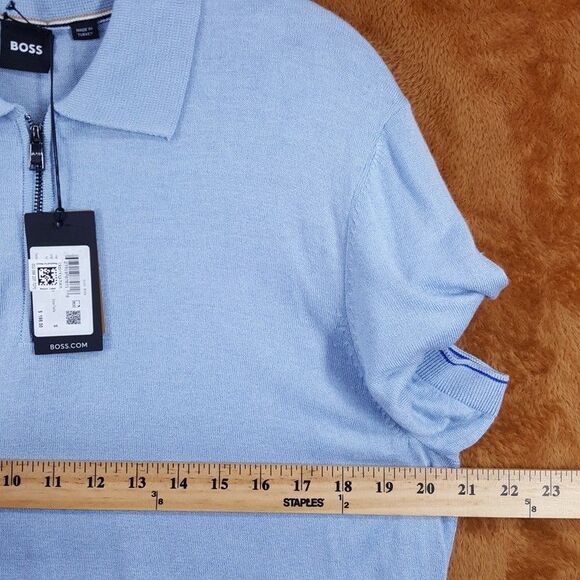HUGO BOSS Polo Shirt Mens Small Blue Short Sleeve Knit Linen Blend TRIESTE $198 - Picture 10 of 12